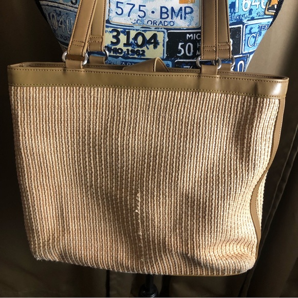 Fossil Woven Fabric Double Strap Shoulder Bag Purse with Plaid Lining - Picture 5 of 16